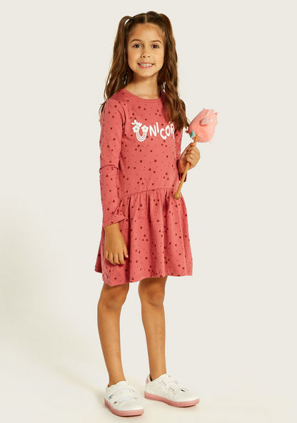 Juniors Heart Print Dress with Round Neck and Long Sleeves