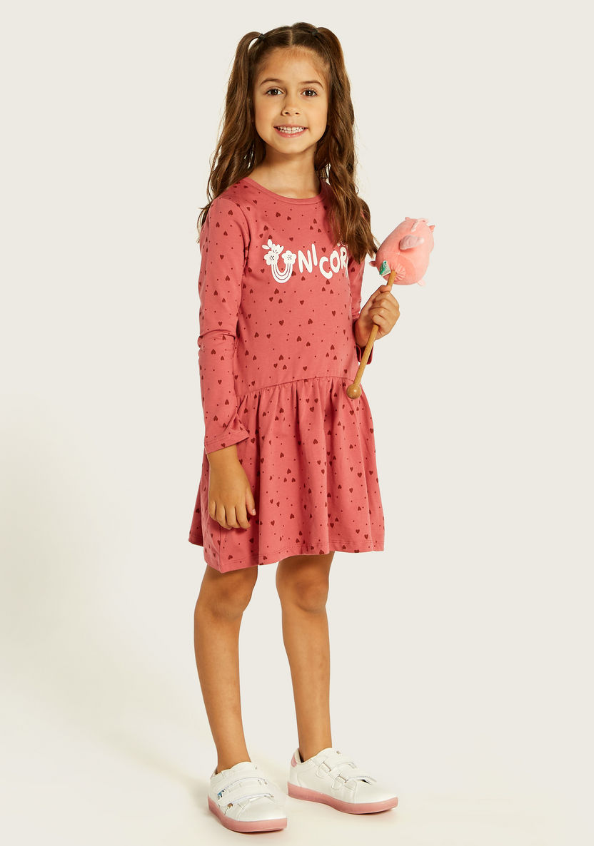Juniors Heart Print Dress with Round Neck and Long Sleeves-Dresses, Gowns & Frocks-image-0
