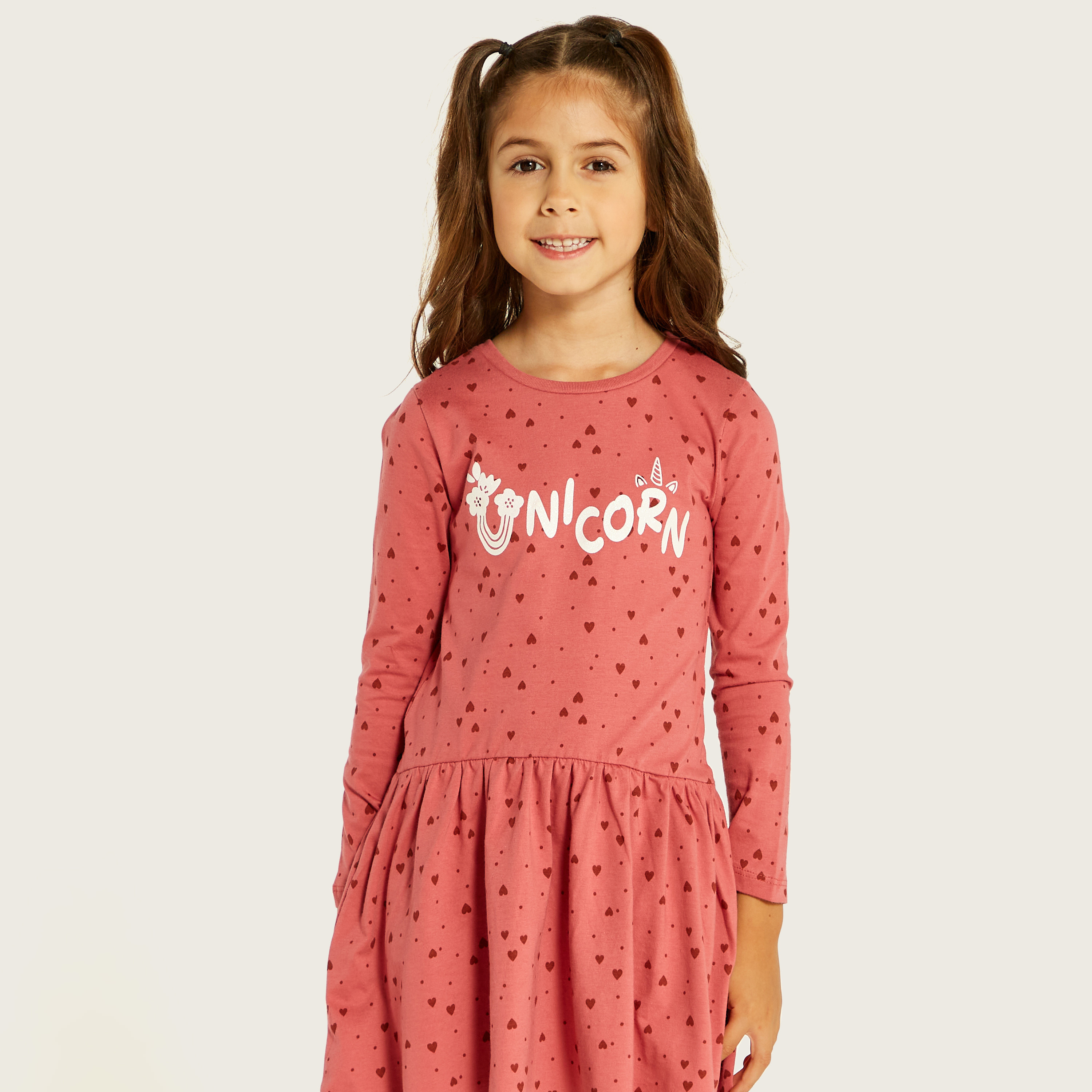 Juniors Heart Print Dress with Round Neck and Long Sleeves-girls-clothing-dressesandjumpsuits-image-2