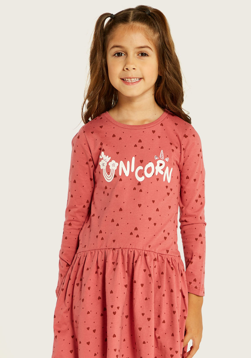 Juniors Heart Print Dress with Round Neck and Long Sleeves-Dresses, Gowns & Frocks-image-1