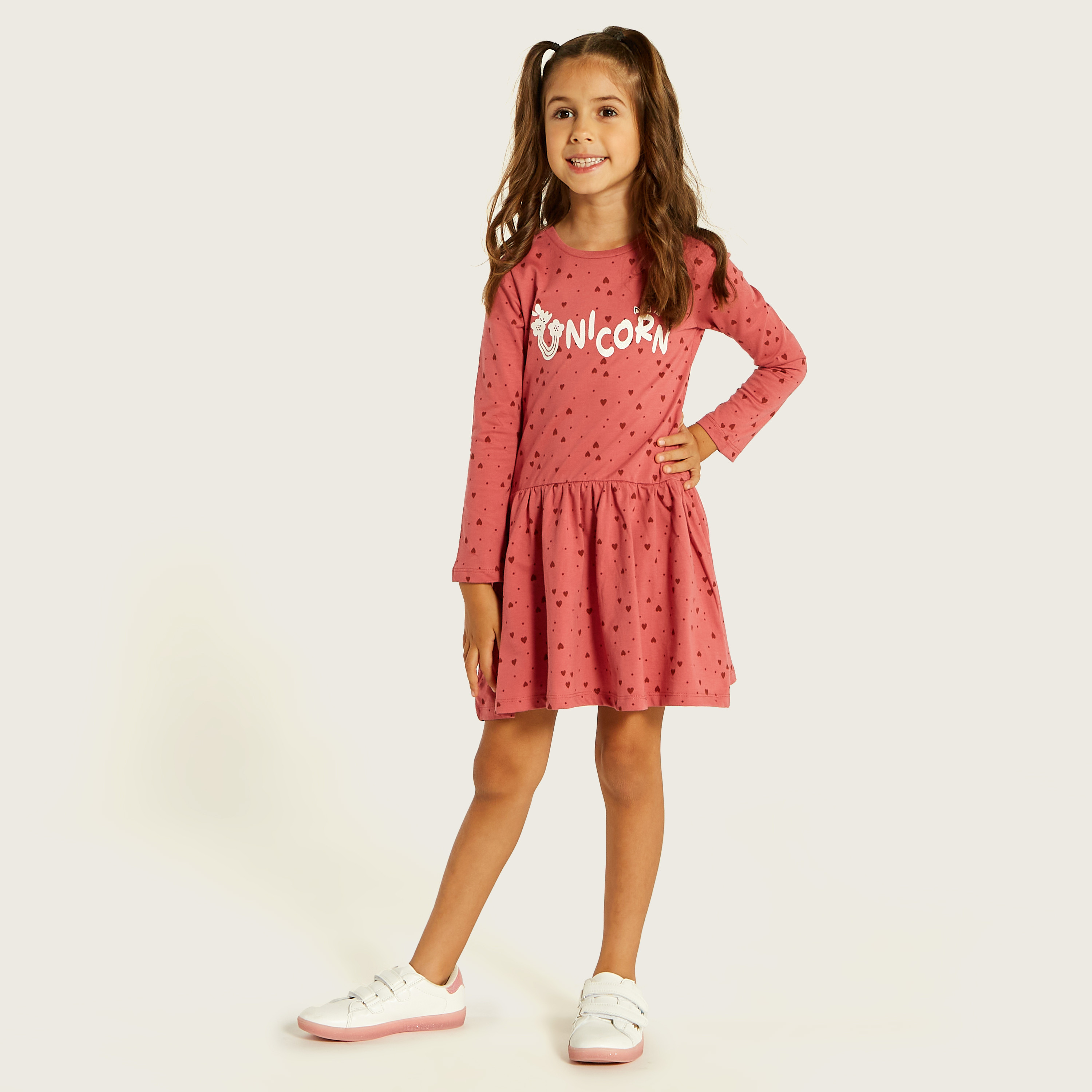 Juniors Heart Print Dress with Round Neck and Long Sleeves-girls-clothing-dressesandjumpsuits-image-3