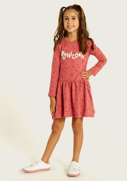 Juniors Heart Print Dress with Round Neck and Long Sleeves
