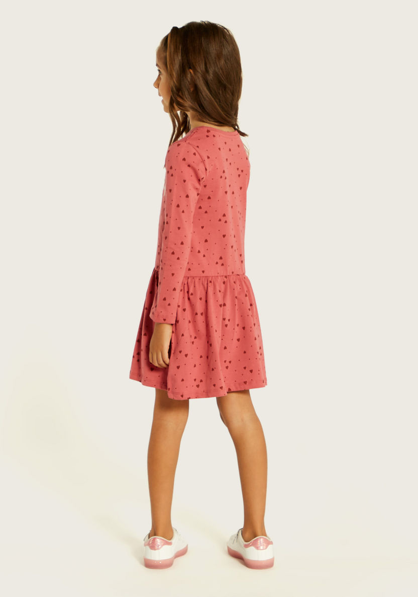Juniors Heart Print Dress with Round Neck and Long Sleeves-Dresses, Gowns & Frocks-image-3