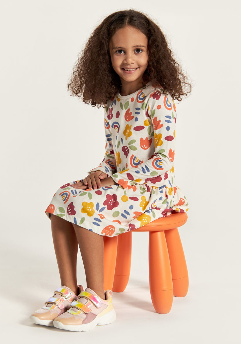 Juniors Printed Dress with Round Neck and Long Sleeves-Dresses, Gowns & Frocks-image-0