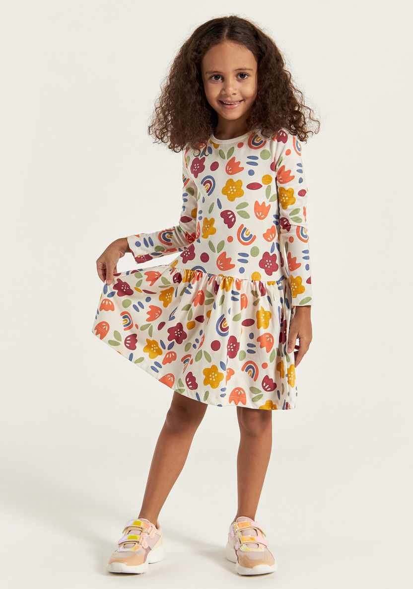 Juniors Printed Dress with Round Neck and Long Sleeves-Dresses, Gowns & Frocks-image-1