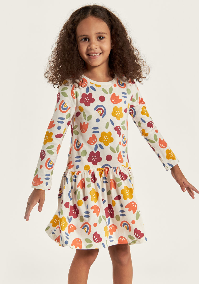 Juniors Printed Dress with Round Neck and Long Sleeves-Dresses, Gowns & Frocks-image-2