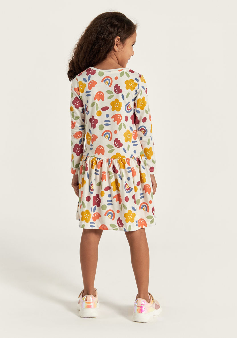 Juniors Printed Dress with Round Neck and Long Sleeves-Dresses, Gowns & Frocks-image-4