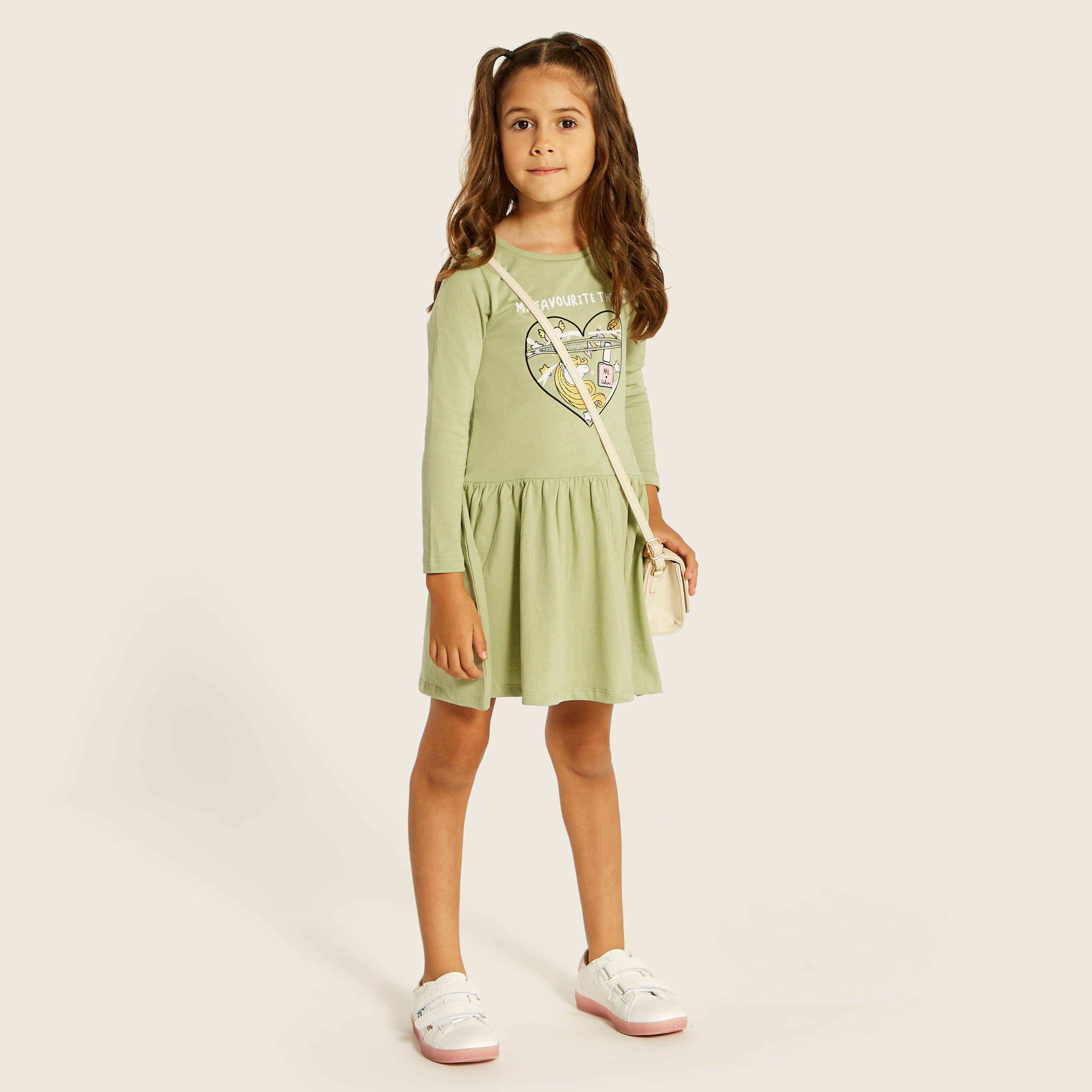 Buy Juniors Printed Dress with Round Neck and Long Sleeves Online Babyshop UAE