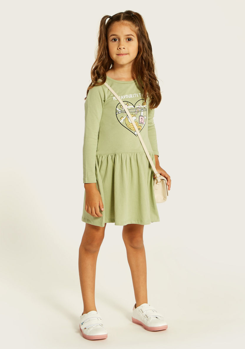 Juniors Printed Dress with Round Neck and Long Sleeves-Dresses, Gowns & Frocks-image-0