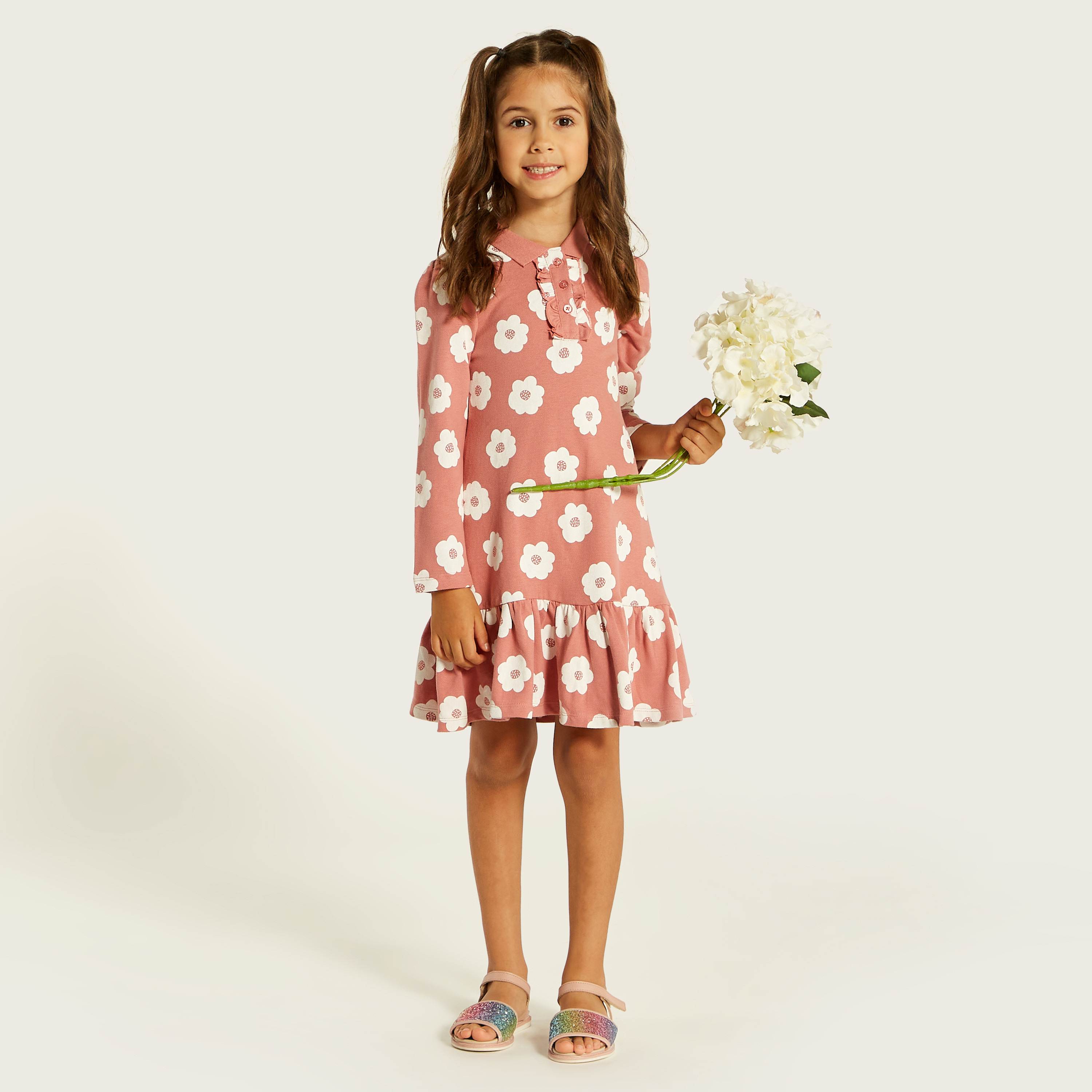 Juniors Floral Print Polo Dress with Ruffles and Long Sleeves-girls-clothing-dressesandjumpsuits-image-1