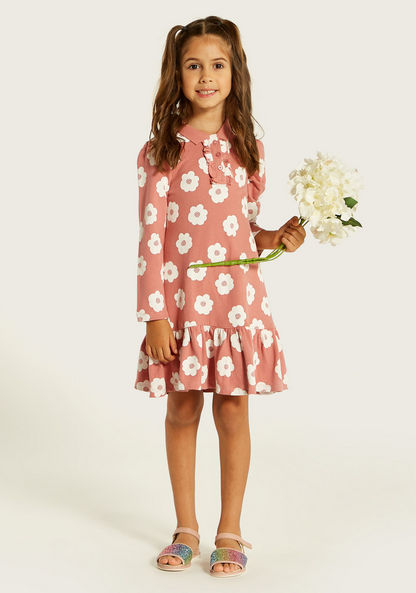 Juniors Floral Print Polo Dress with Ruffles and Long Sleeves