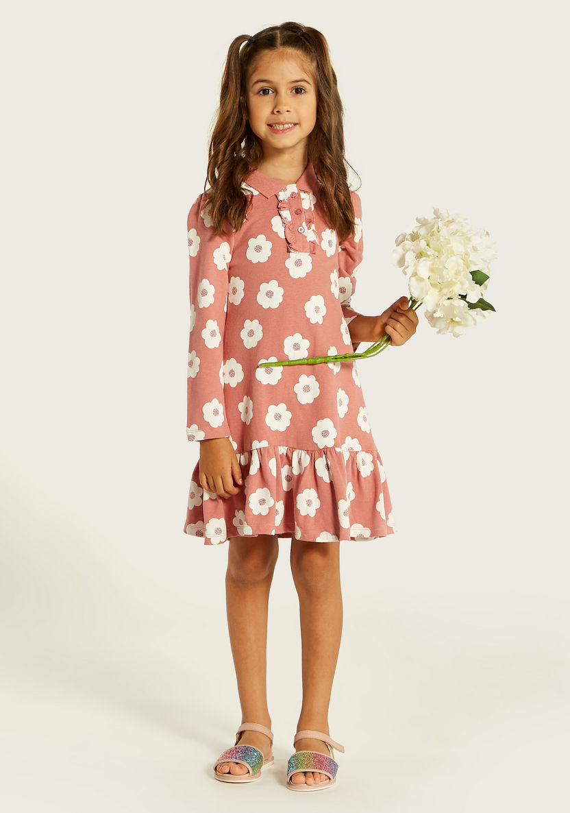 Juniors Floral Print Polo Dress with Ruffles and Long Sleeves-Dresses, Gowns & Frocks-image-0