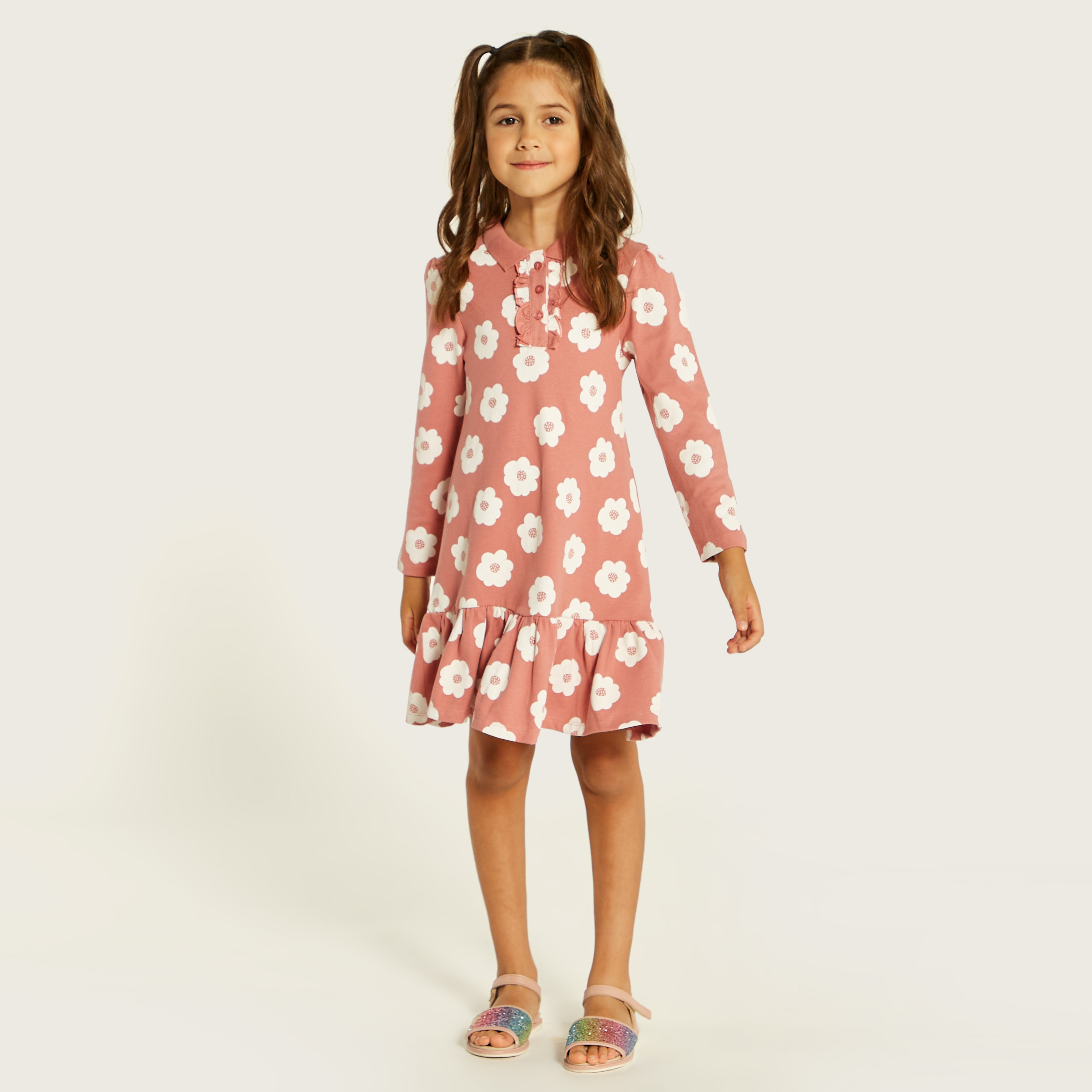Juniors Floral Print Polo Dress with Ruffles and Long Sleeves-girls-clothing-dressesandjumpsuits-image-2