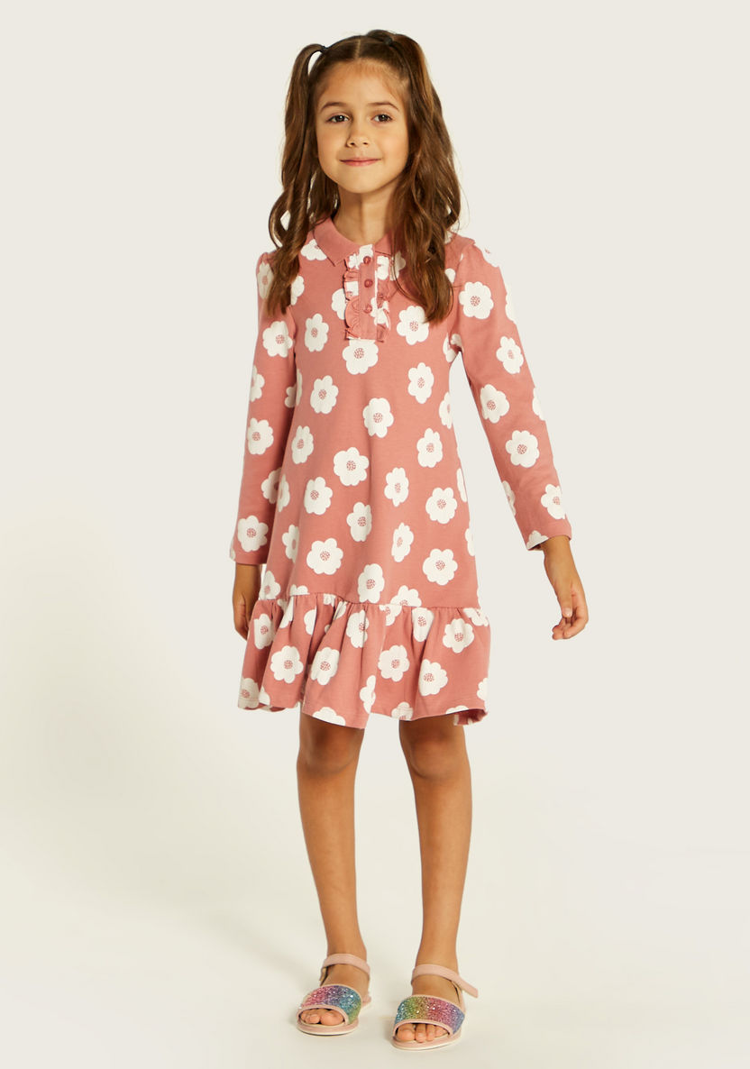 Juniors Floral Print Polo Dress with Ruffles and Long Sleeves-Dresses, Gowns & Frocks-image-1