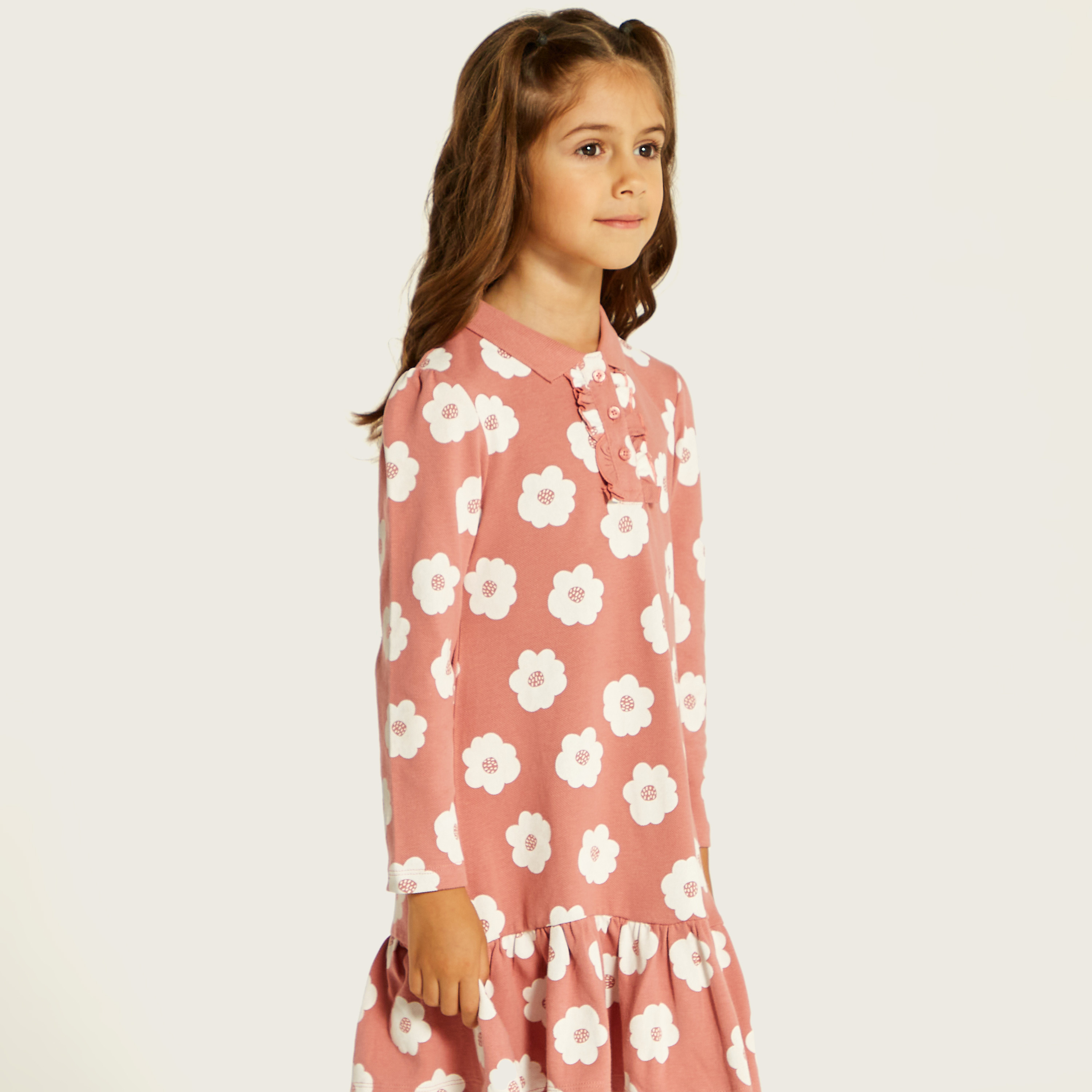 Juniors Floral Print Polo Dress with Ruffles and Long Sleeves-girls-clothing-dressesandjumpsuits-image-3