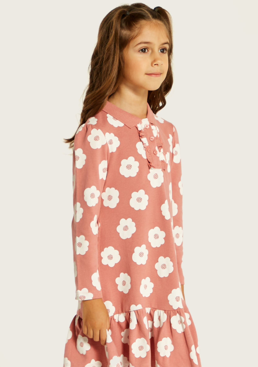 Juniors Floral Print Polo Dress with Ruffles and Long Sleeves-Dresses, Gowns & Frocks-image-2