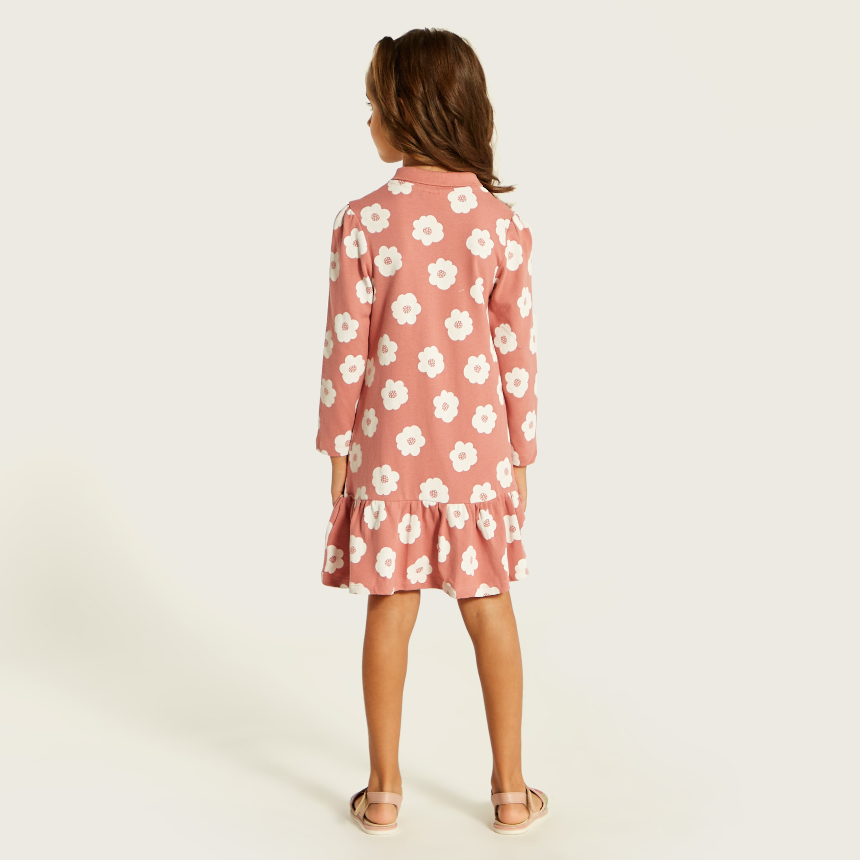 Juniors Floral Print Polo Dress with Ruffles and Long Sleeves-girls-clothing-dressesandjumpsuits-image-4