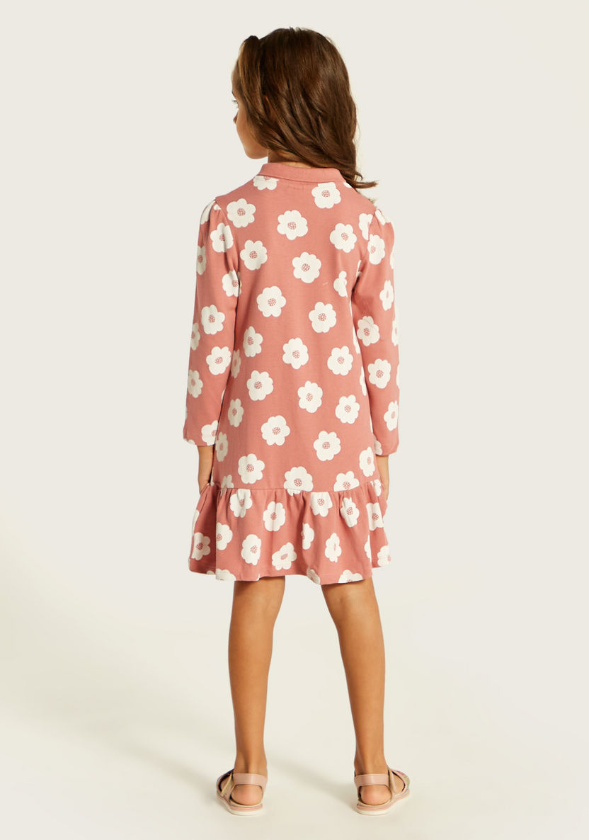 Juniors Floral Print Polo Dress with Ruffles and Long Sleeves-Dresses, Gowns & Frocks-image-3