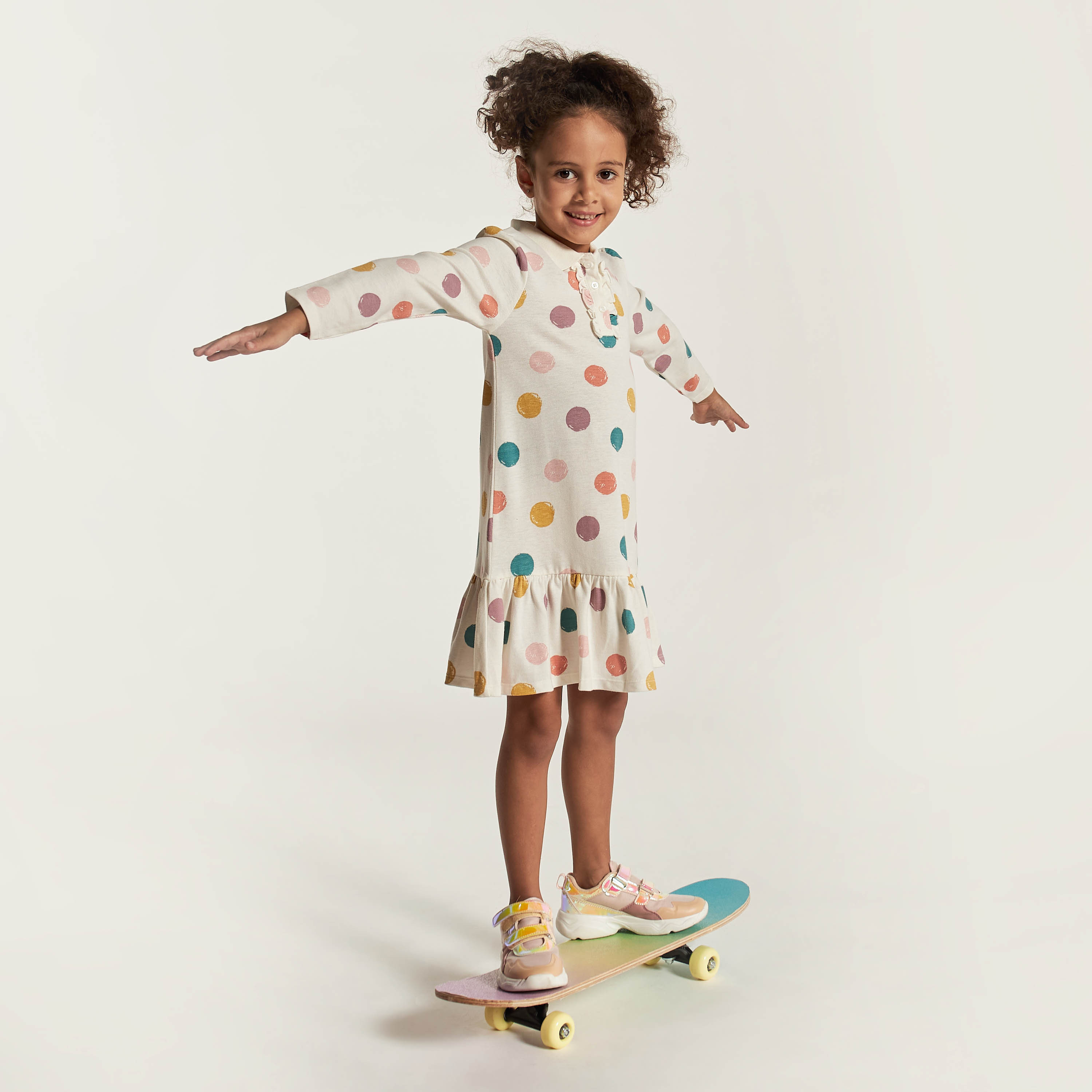 Juniors Polka Dot Print Polo Dress with Long Sleeves and Ruffles-girls-clothing-dressesandjumpsuits-image-1