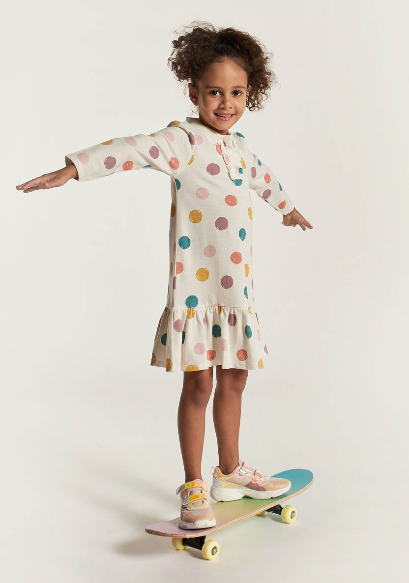 Juniors Polka Dot Print Polo Dress with Long Sleeves and Ruffles-Dresses%2C Gowns and Frocks-image-0