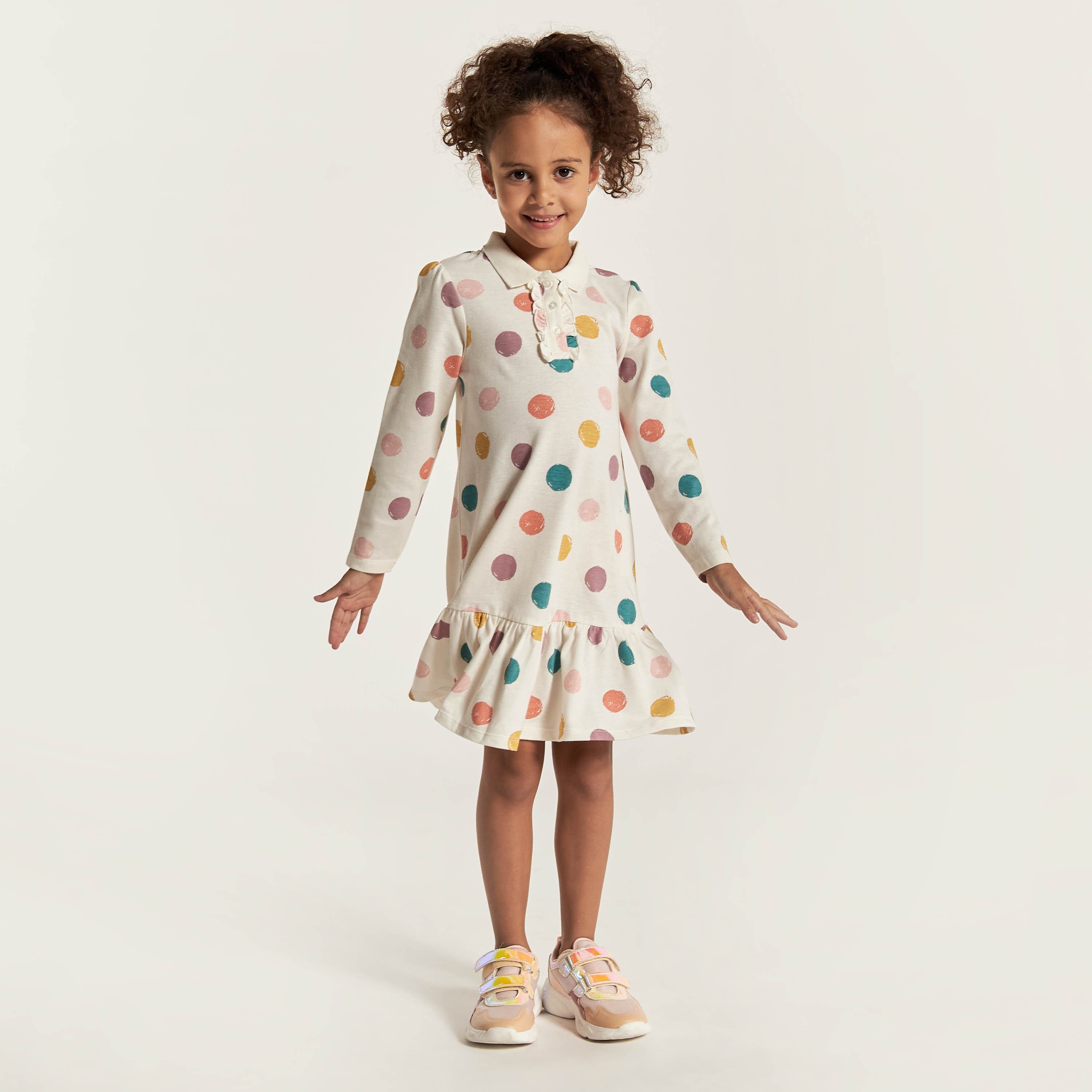 Juniors Polka Dot Print Polo Dress with Long Sleeves and Ruffles-girls-clothing-dressesandjumpsuits-image-2