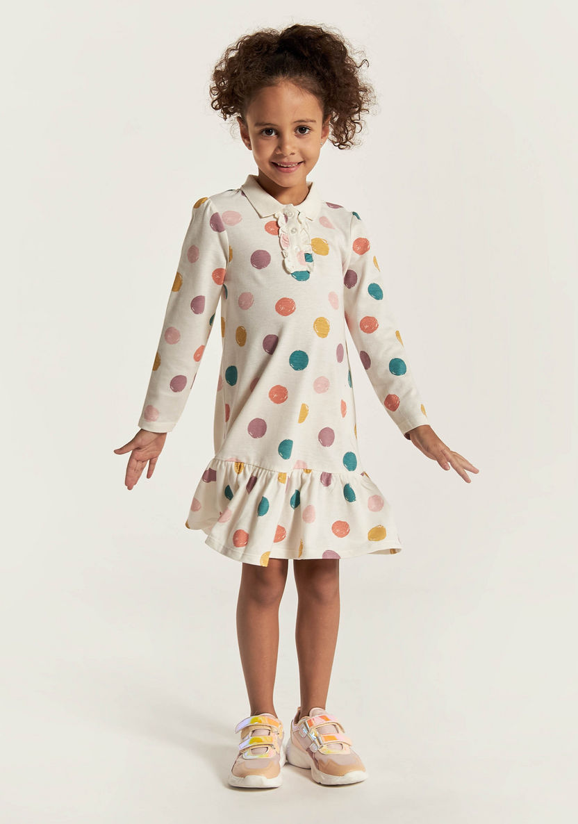 Juniors Polka Dot Print Polo Dress with Long Sleeves and Ruffles-Dresses%2C Gowns and Frocks-image-1