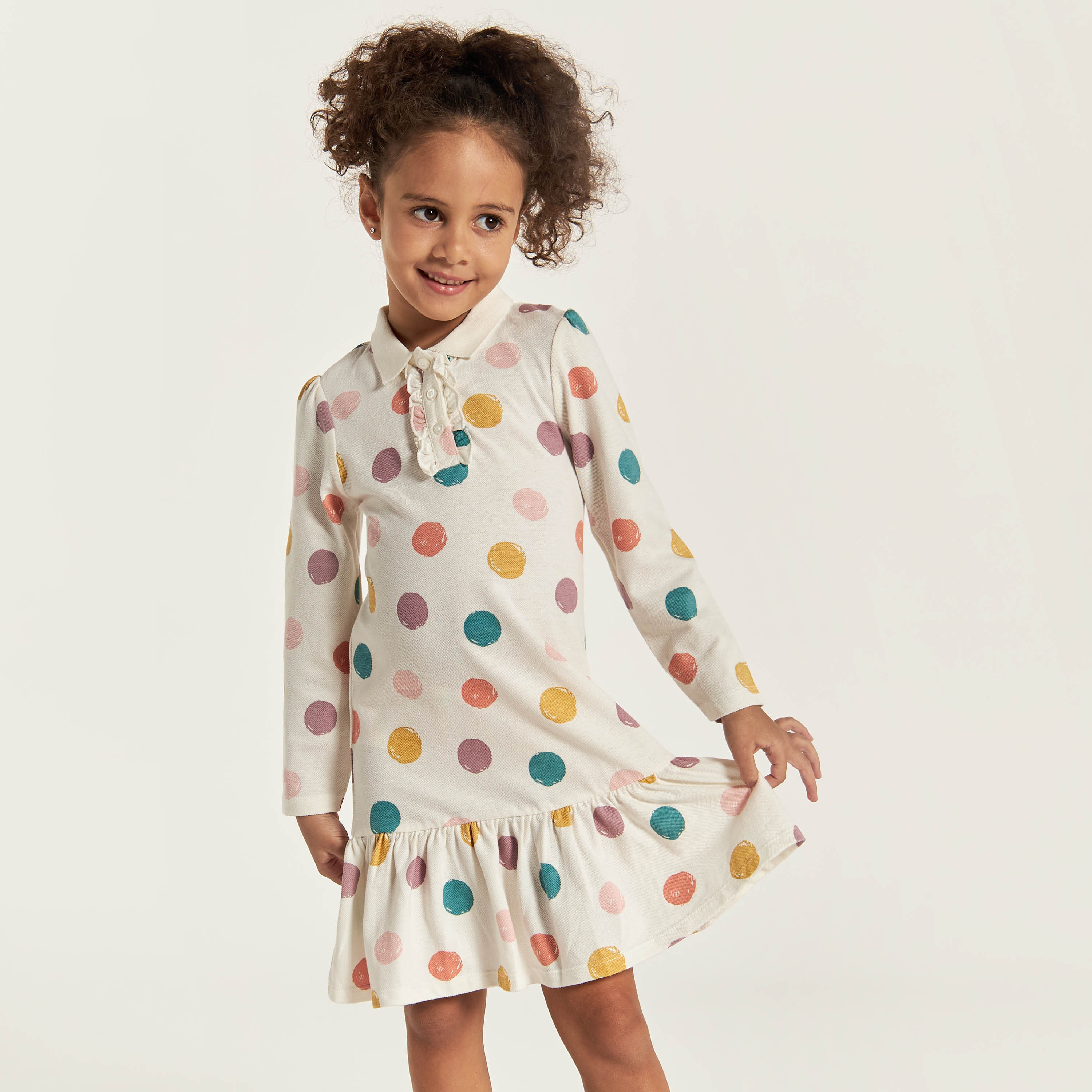 Juniors Polka Dot Print Polo Dress with Long Sleeves and Ruffles-girls-clothing-dressesandjumpsuits-image-3