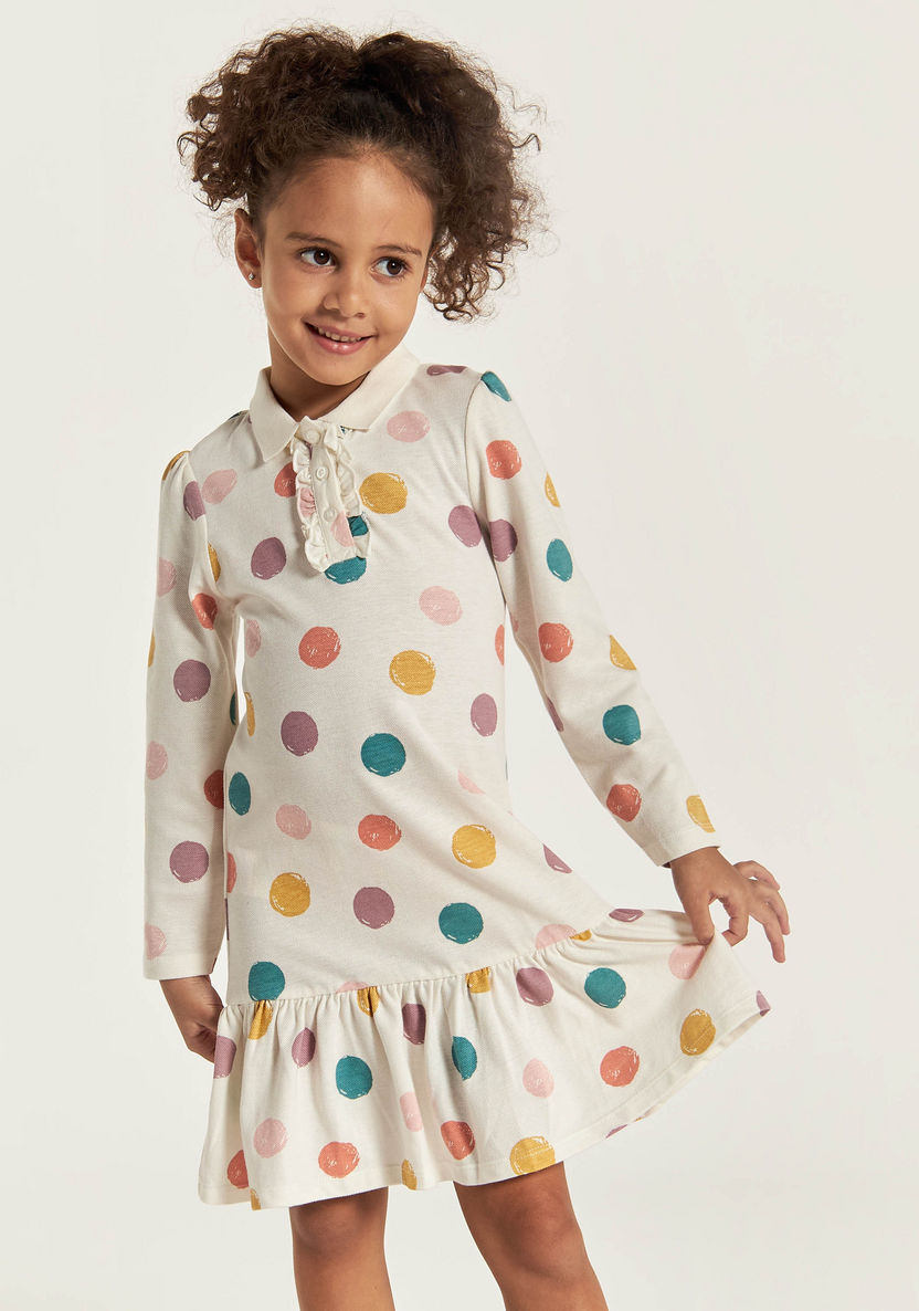Juniors Polka Dot Print Polo Dress with Long Sleeves and Ruffles-Dresses%2C Gowns and Frocks-image-2