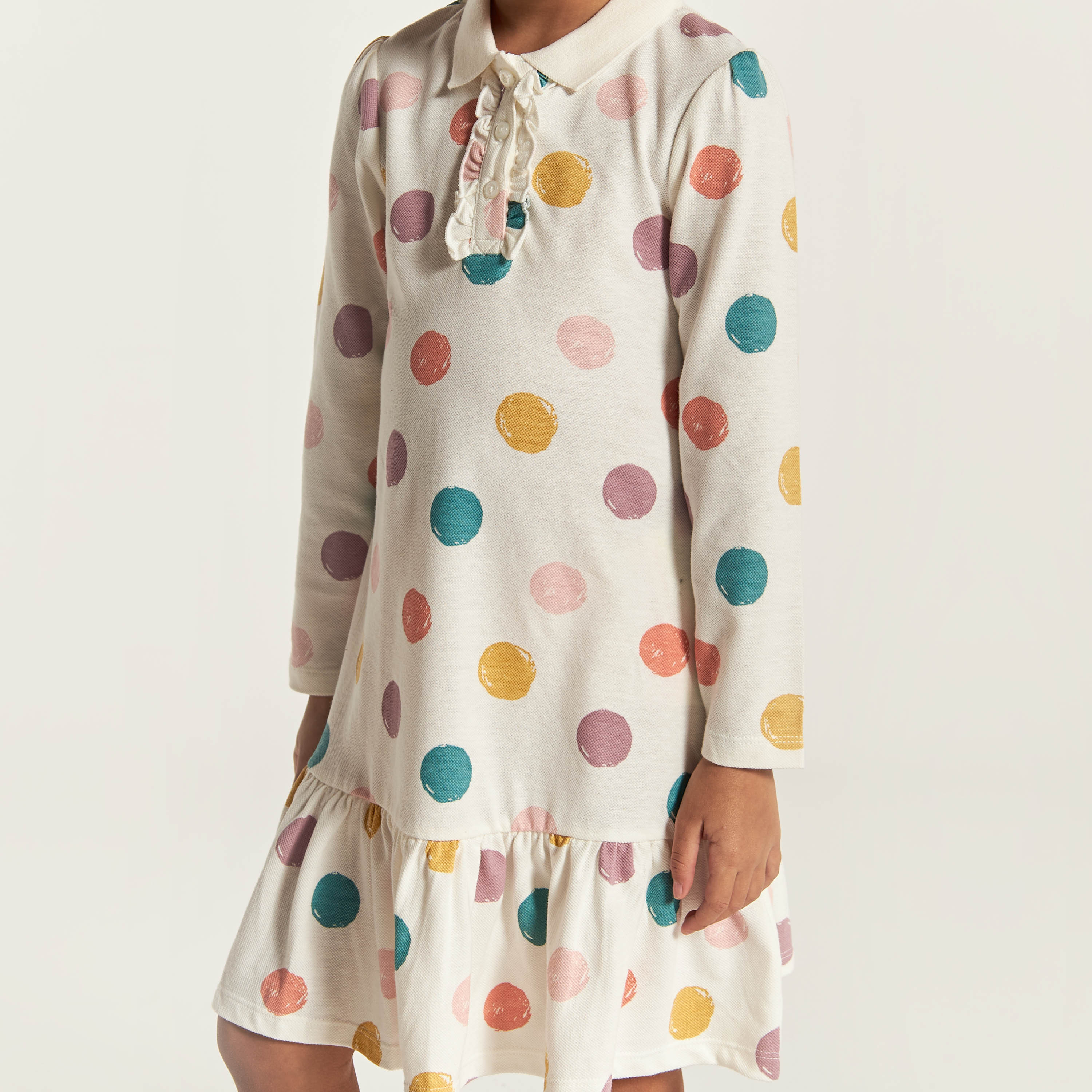Juniors Polka Dot Print Polo Dress with Long Sleeves and Ruffles-girls-clothing-dressesandjumpsuits-image-4