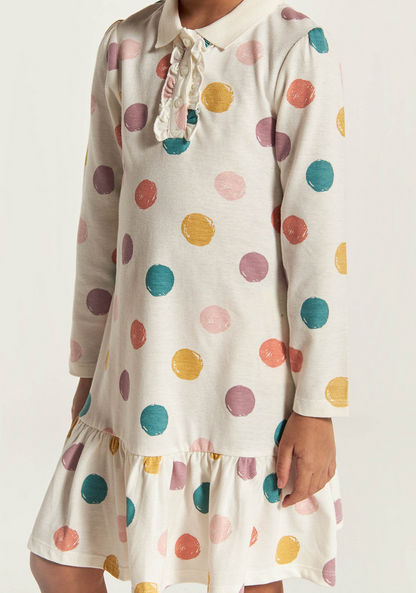 Juniors Polka Dot Print Polo Dress with Long Sleeves and Ruffles