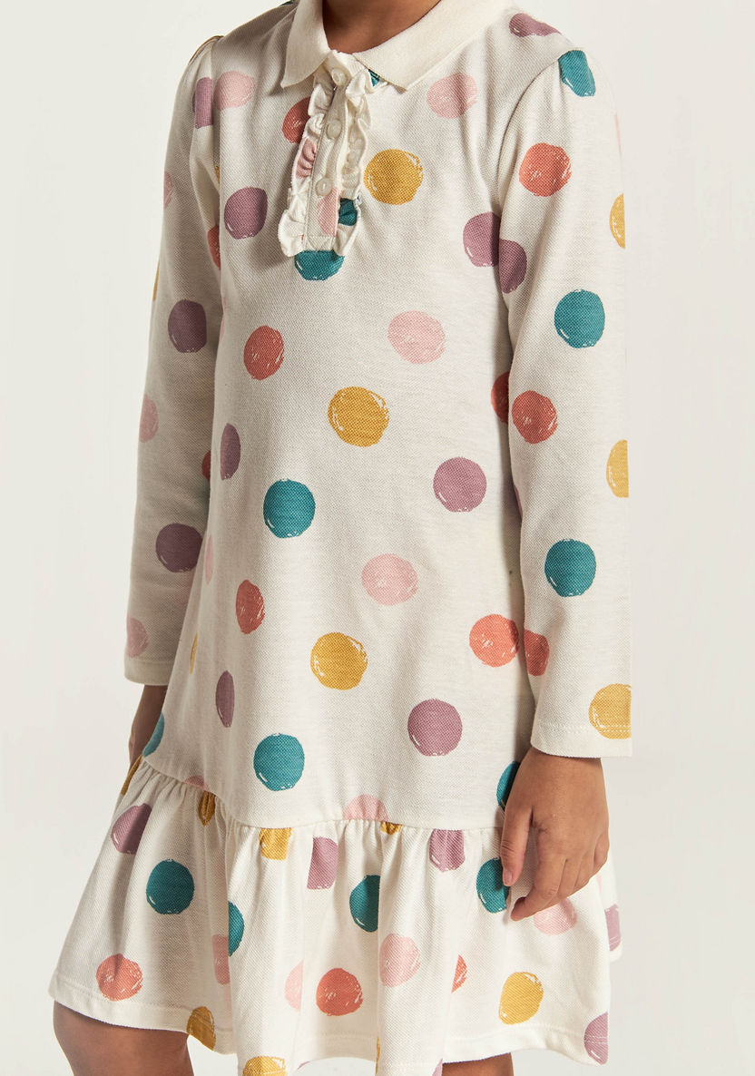 Juniors Polka Dot Print Polo Dress with Long Sleeves and Ruffles-Dresses%2C Gowns and Frocks-image-3