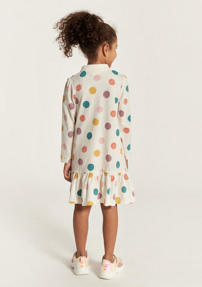 Juniors Polka Dot Print Polo Dress with Long Sleeves and Ruffles