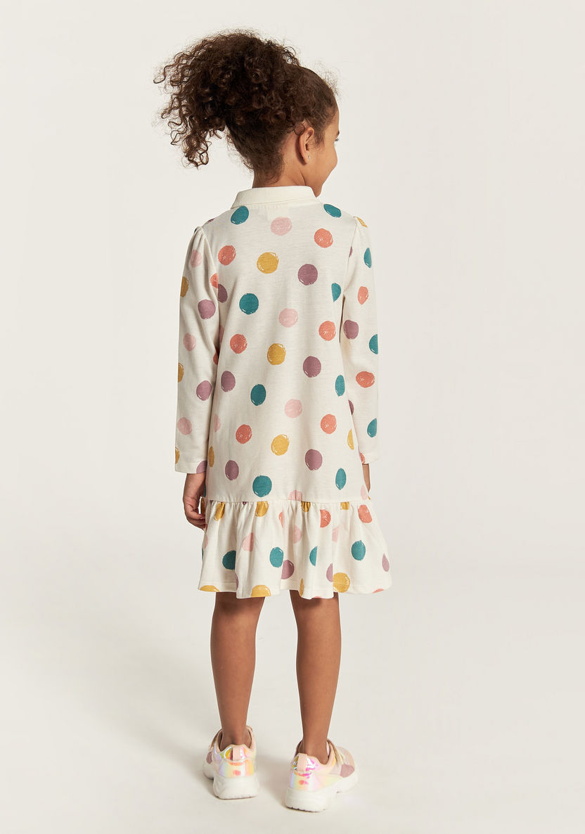 Juniors Polka Dot Print Polo Dress with Long Sleeves and Ruffles-Dresses%2C Gowns and Frocks-image-4