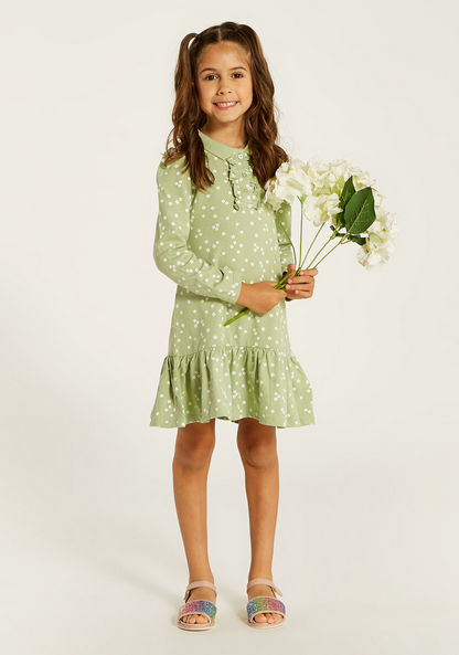 Juniors Printed Polo Dress with Ruffle Detail and Long Sleeves-Dresses%2C Gowns and Frocks-image-0