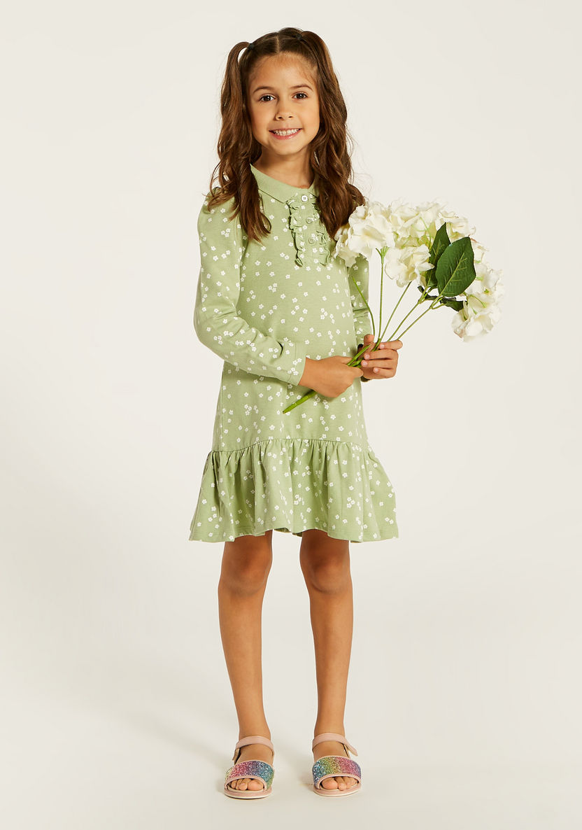 Juniors Printed Polo Dress with Ruffle Detail and Long Sleeves-Dresses, Gowns & Frocks-image-0