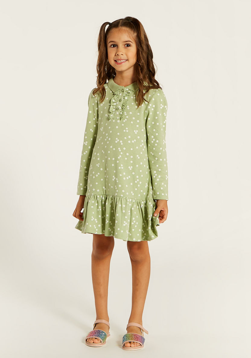 Juniors Printed Polo Dress with Ruffle Detail and Long Sleeves-Dresses, Gowns & Frocks-image-1