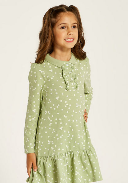 Juniors Printed Polo Dress with Ruffle Detail and Long Sleeves