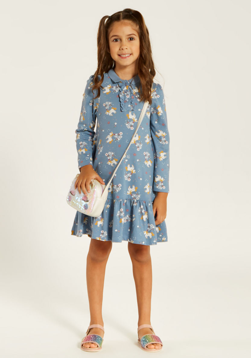 Juniors Unicorn Print Polo Dress with Ruffle Detail and Long Sleeves-Dresses, Gowns & Frocks-image-0