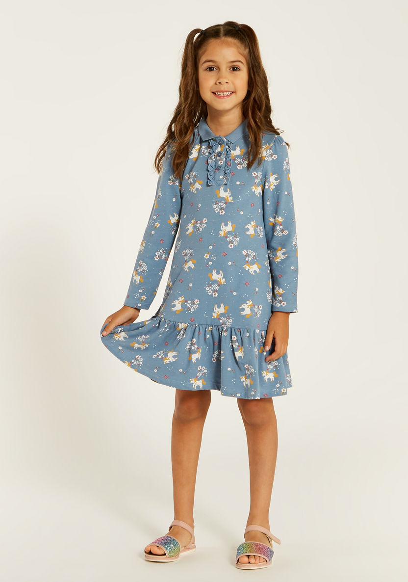 Juniors Unicorn Print Polo Dress with Ruffle Detail and Long Sleeves-Dresses, Gowns & Frocks-image-1