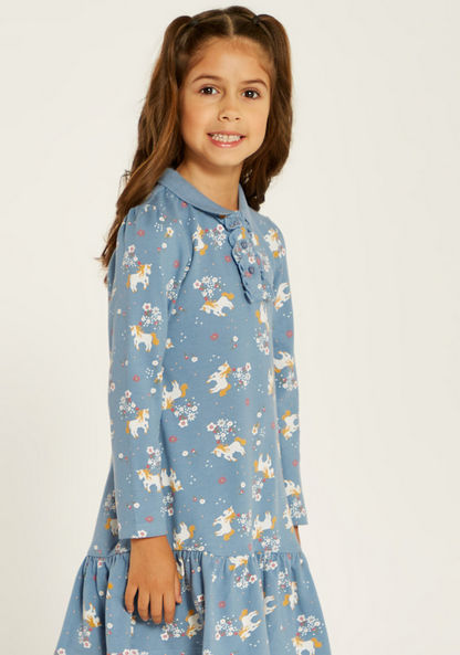 Juniors Unicorn Print Polo Dress with Ruffle Detail and Long Sleeves