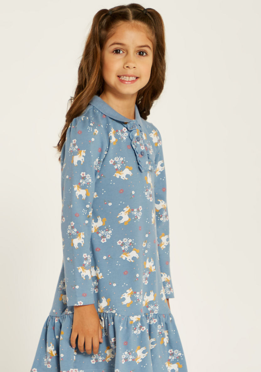 Juniors Unicorn Print Polo Dress with Ruffle Detail and Long Sleeves-Dresses, Gowns & Frocks-image-2