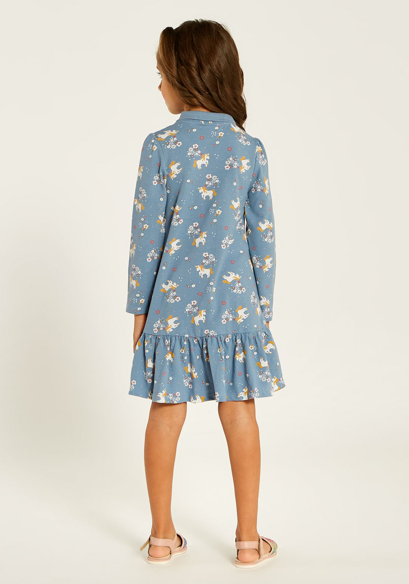 Juniors Unicorn Print Polo Dress with Ruffle Detail and Long Sleeves-Dresses, Gowns & Frocks-image-3