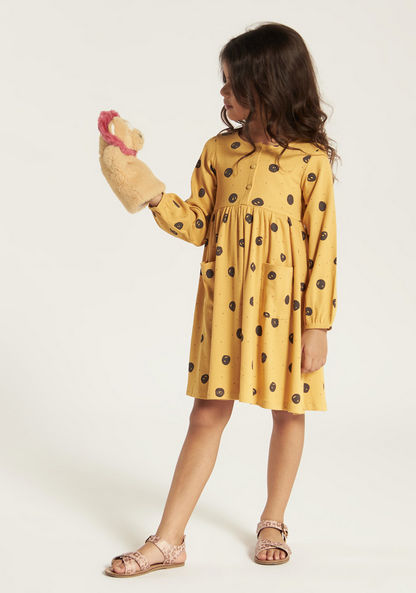 Juniors All Over Print Dress with Henley Neck and Long Sleeves
