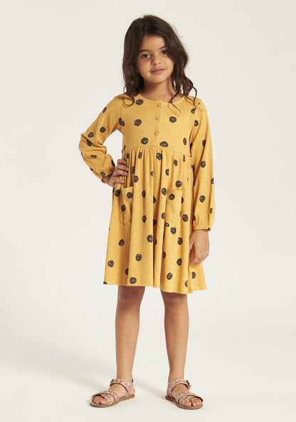 Juniors All Over Print Dress with Henley Neck and Long Sleeves