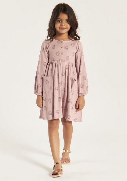 Juniors Unicorn Print Henley Neck A-line Dress with Long Sleeves-Dresses%2C Gowns and Frocks-image-1