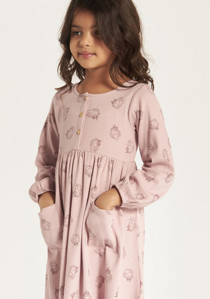 Juniors Unicorn Print Henley Neck A-line Dress with Long Sleeves-Dresses%2C Gowns and Frocks-image-2
