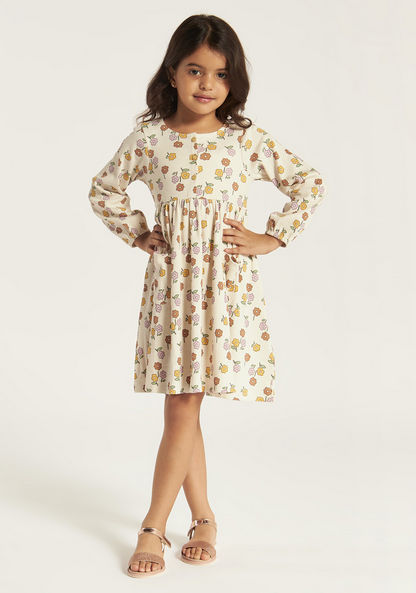 Juniors All Over Floral Print Dress with Henley Neck and Long Sleeves-Dresses%2C Gowns and Frocks-image-1