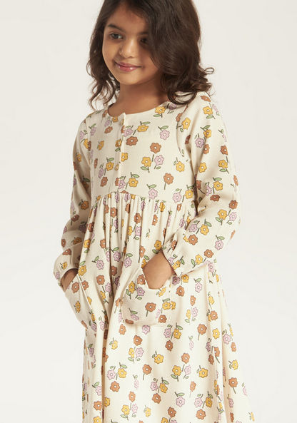 Juniors All Over Floral Print Dress with Henley Neck and Long Sleeves-Dresses%2C Gowns and Frocks-image-2