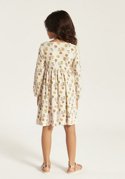 Juniors All Over Floral Print Dress with Henley Neck and Long Sleeves-Dresses%2C Gowns and Frocks-image-3
