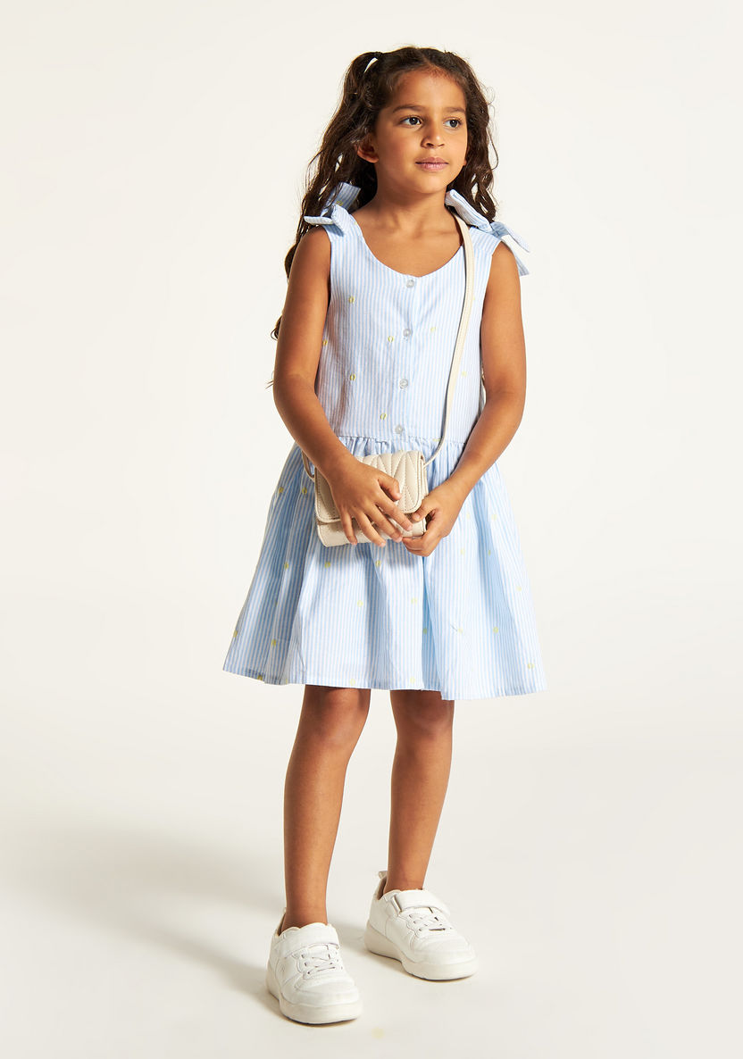 Juniors Striped Sleeveless Dress with Bow Accent and Button Closure-Dresses, Gowns & Frocks-image-0